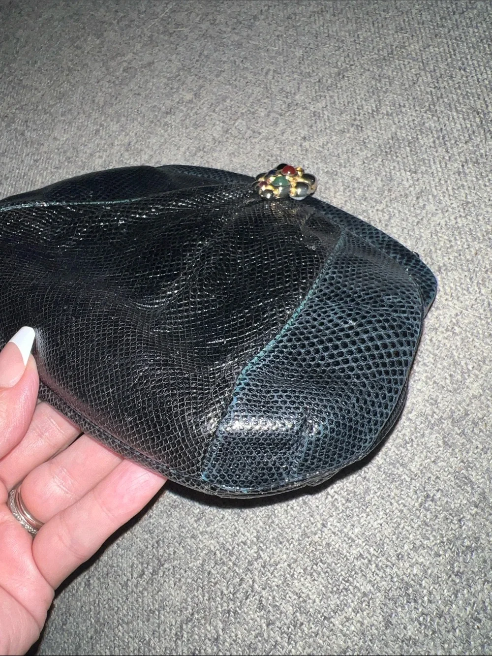 Vintage Judith Lieber Black Lizard Clutch with Multistone Kiss-Lock GUC